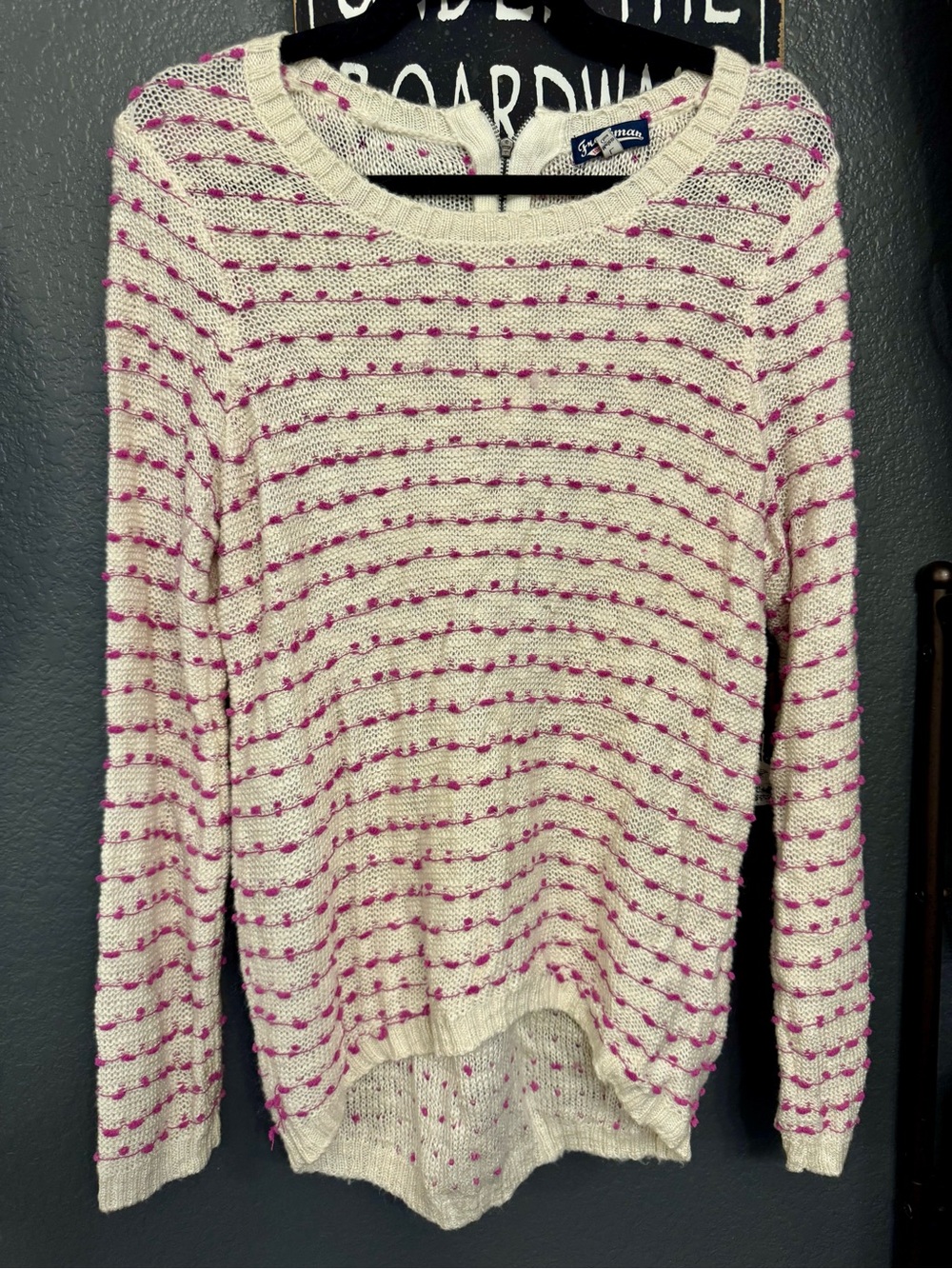 Large Freshman Cream Knit Sweater with Pink Dot Stripes and Back Zipper